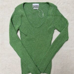 Ganni metallic Green Ribbed Knit Sweater